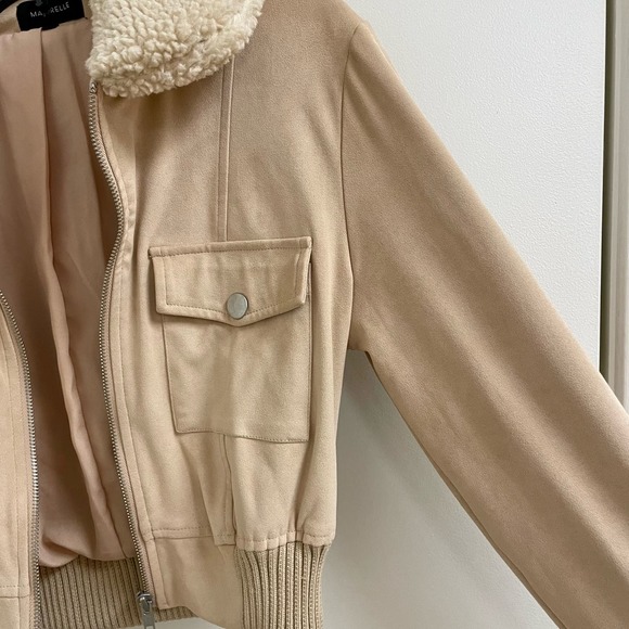 REVOLVE Majorelle Cropped Sherpa Collar Suede Bomber Jacket Sand Beige Size XXS - Picture 4 of 12